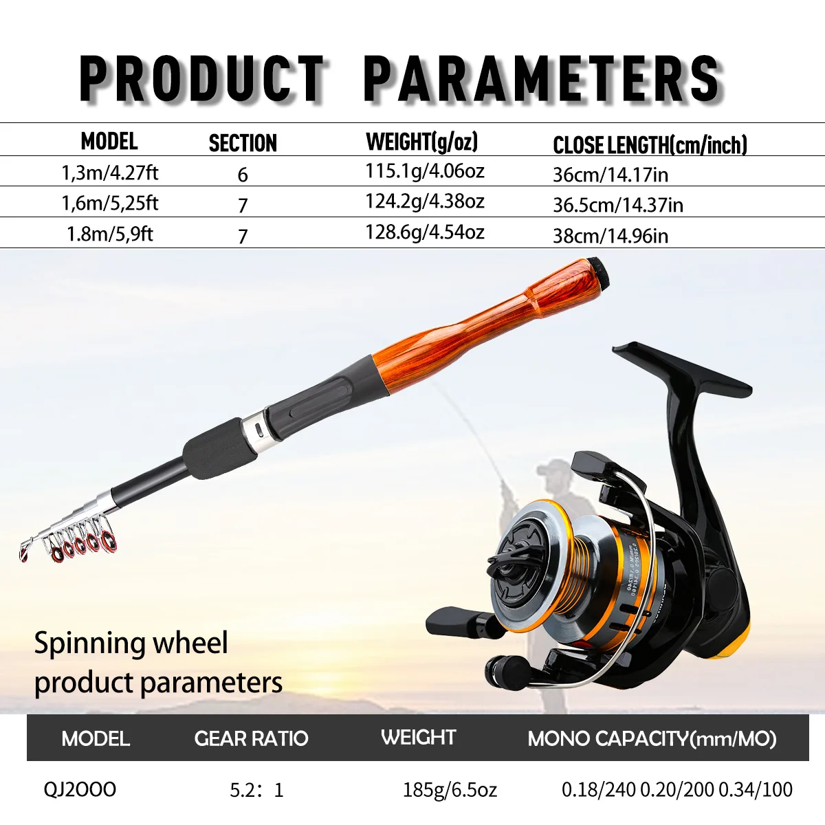 Kit caña y carrete spinning fibra carbono retráctil para pesca en mar - imagen 3