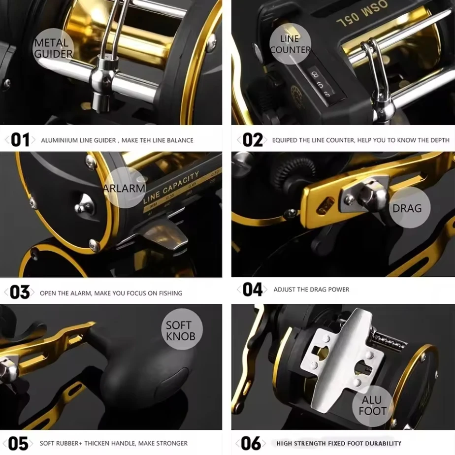 Carrete de contador de lino de mar para barco con rueda de tambor de mano derecha con contador de línea incorporado, curricán de fundición de bagre - imagen 5