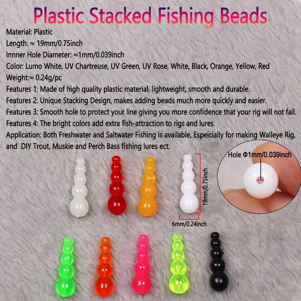 Bimoo, 40 Uds., cuentas de pesca apiladas de plástico, suministros para hacer señuelos, Spinner DIY, aparejo Walleye, Spinner en línea, accesorios para huevos de salmón - imagen 3