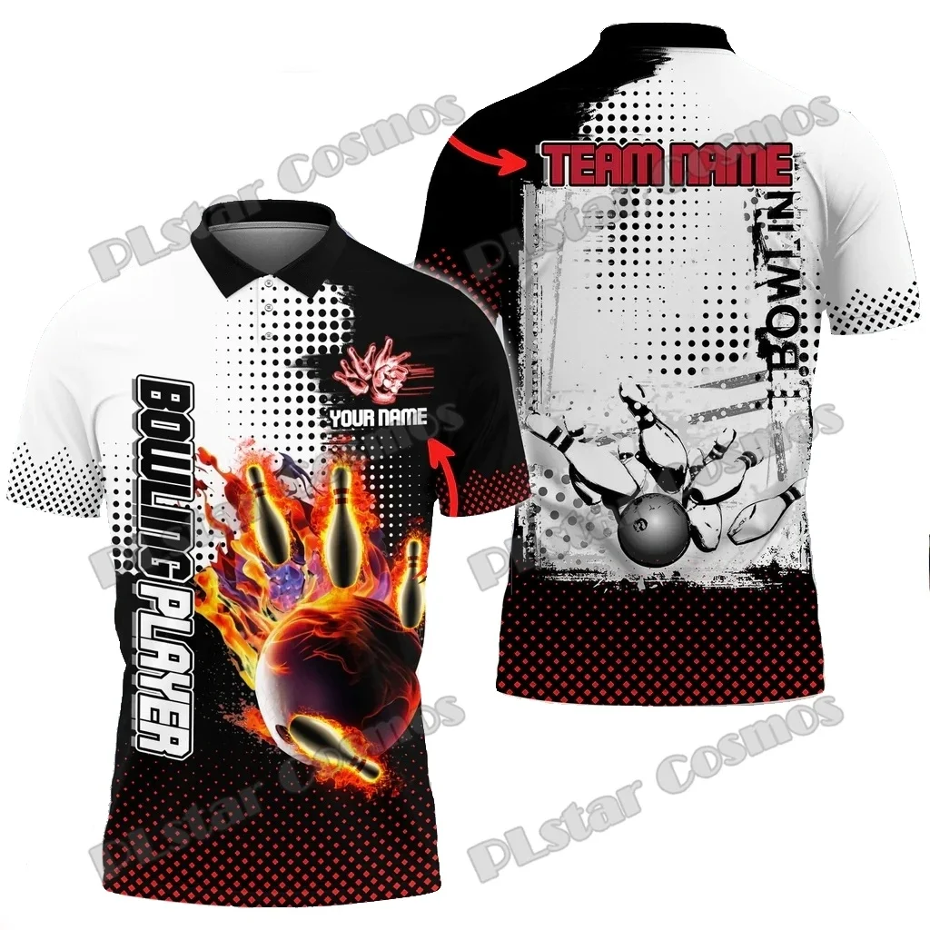Flame Bowling Ball And Pins Primitive personalizado nombre 3D impreso hombres Polo camisas verano Casual Unisex Premium Polo PLP69