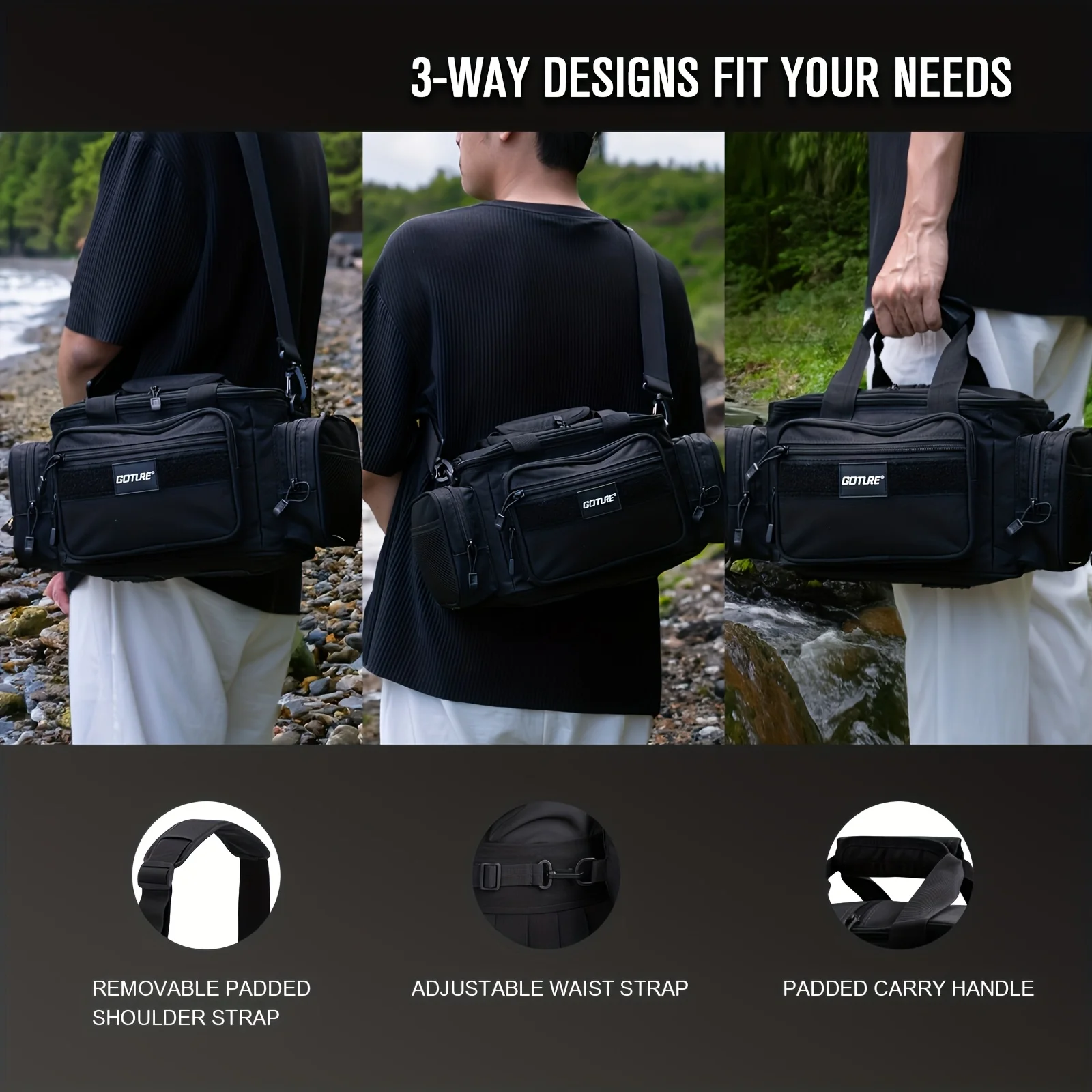 Goture-Bolso de hombro de pesca impermeable, multifuncional, 7 colores, 3 cajas de aparejos, organizador de señuelos de alta capacidad para equipo de lubina/trote - imagen 4