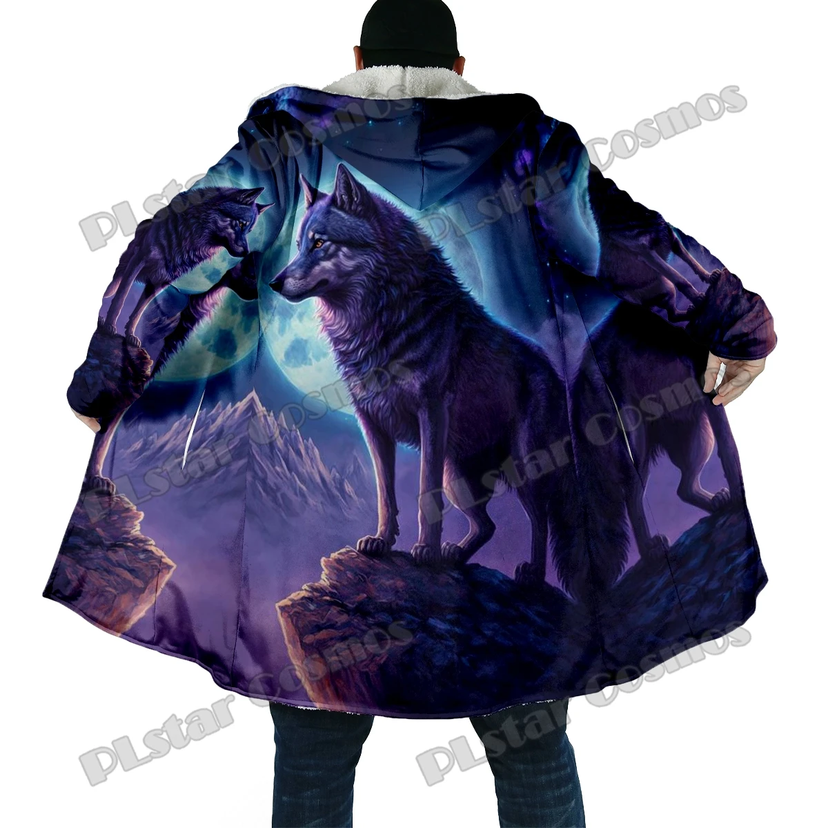 Capa de moda de invierno para hombre, capa con capucha de lana gruesa con estampado 3D de lobo Animal, capa cálida informal Unisex BB54 - imagen 4