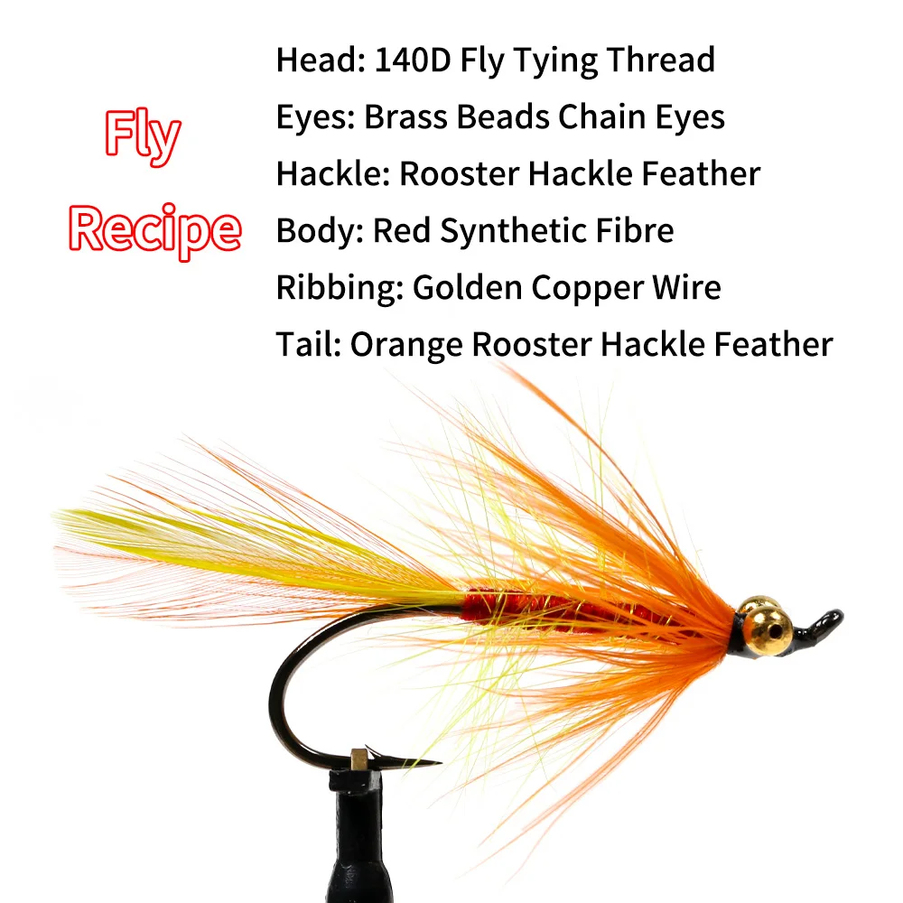 Bimoo 6 piezas # 2 # 4 # 6 moscas de salmón y acero con cadena de cuentas de latón, ojos, gallo naranja, Hackle, hundimiento rápido, señuelo húmedo para moscas - imagen 4