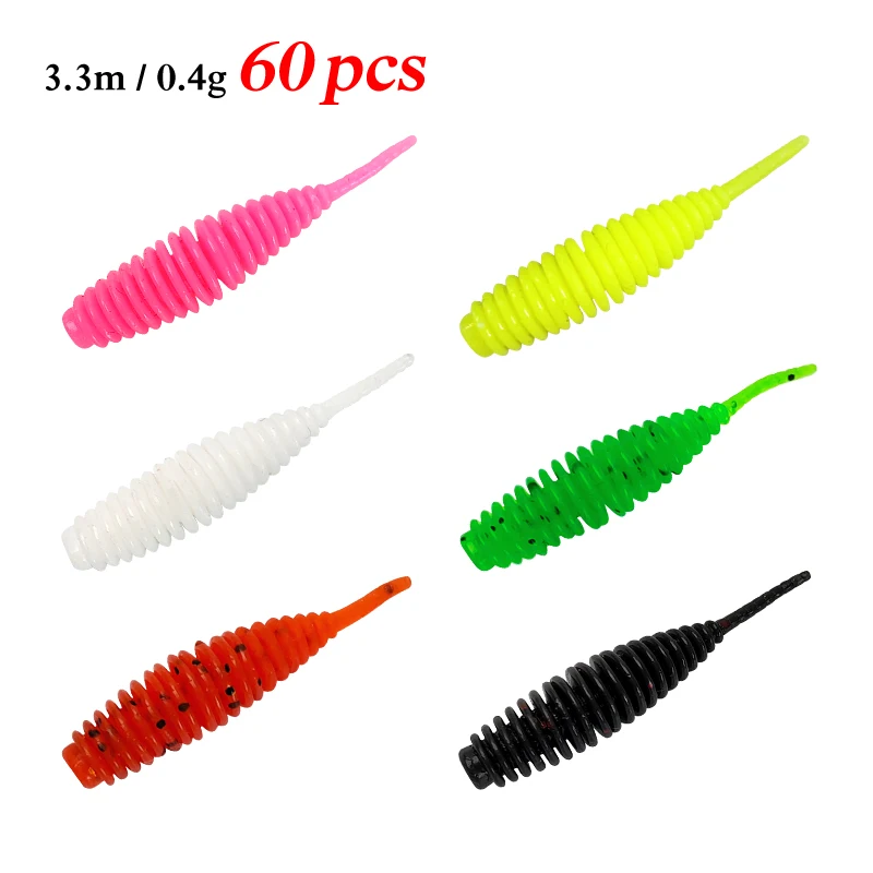 60 uds cebo suave señuelo de pesca 0,4g Wobbler Artificial Micro gusano Crankbaits larva TPR flotante silicona plástico Swimbait para carpa - imagen 2