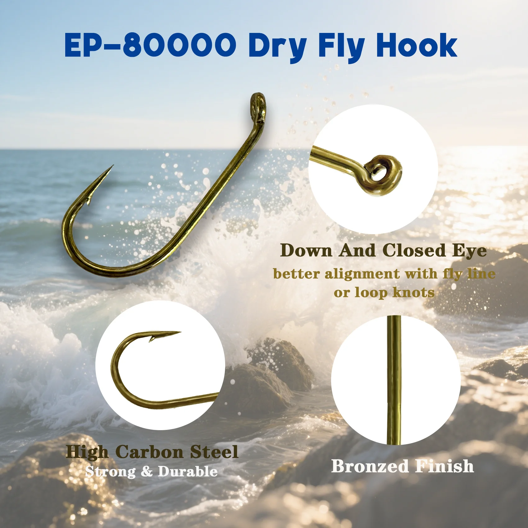 Eupheng EP-80000 anzuelos de pesca con mosca seca vástago forjado 1X púas afiladas de ojo fino de alta resistencia - imagen 2