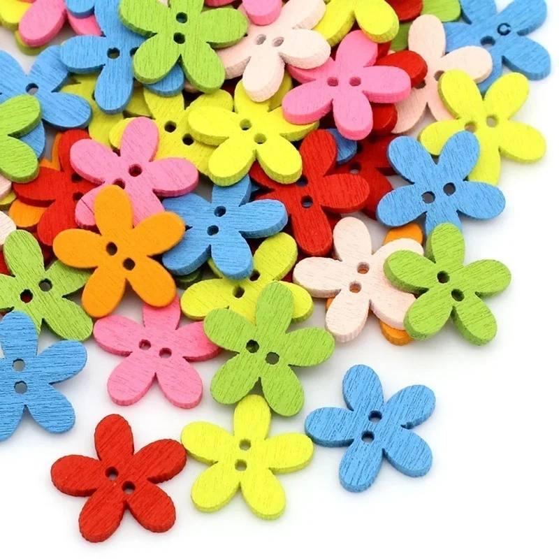 100 Uds. Botones decorativos de madera de flores mixtas de 2 agujeros adecuados para manualidades y clips de costura Multicolor 14x15mm - imagen 3