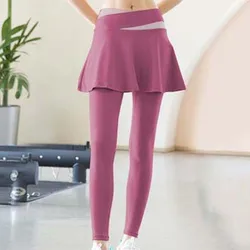 Mallas deportivas combinadas en uno, pantalones elásticos ajustados de Color contrastante, falda gruesa de talla grande, pantalones deportivos de Yoga, bádminton