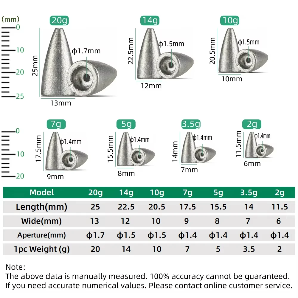 10 piezas de equipo de pesca de plomo, 2/3, 5/5/7/10/14/20g, cabeza de bala, caña de pescar de plomo, conjunto de equipo de pesca de agua dulce - imagen 2