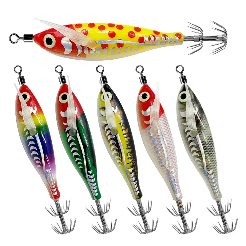 1Pc 3D láser calamar Jig anzuelo cebo madera camarón pulpo sepia señuelo plomo camarón 80mm 5,3g Señuelos de pesca luminosos plomo plomo