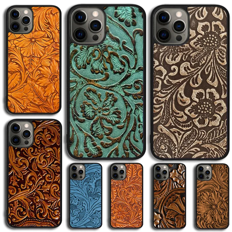 Funda de cuero marrón con diseño western – Repujado a mano para iPhone - imagen 4