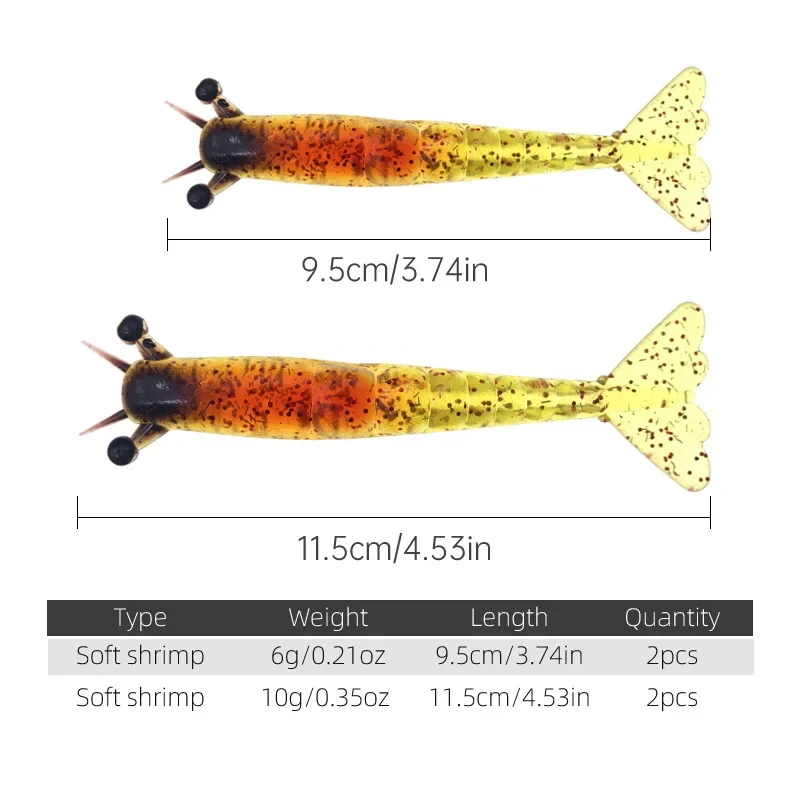 2 unids/caja Material suave cebo de camarones artificiales 9,5 cm/11,5 cm tamaño PVC señuelo de pesca cebo 6g/10g peso cebo de camarones suaves agua salada - imagen 4