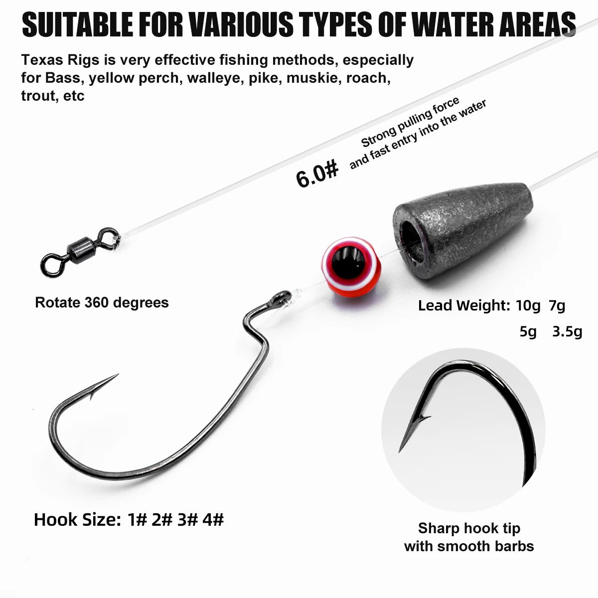 ZYZ 5 unids/lote Texas Rigs 3,5/5/7/10g para líderes de pesca de lubina con ganchos de pesas Kit de sedal aparejado aparejos de pesca aparejos listos - imagen 4