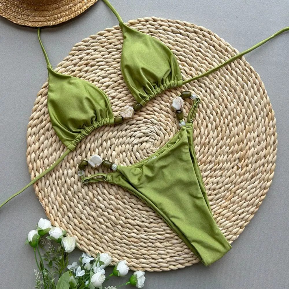 Bikini triángulo halter con cuentas para mujer playa verano - imagen 3