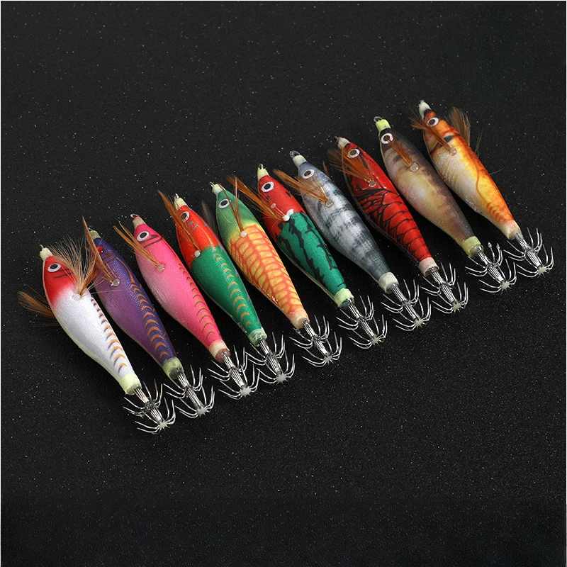 Señuelo de madera para camarones, anzuelo de calamar, cuentas luminosas, traje de simulación, pez redondo, camarones de madera, 10 piezas por caja - imagen 4