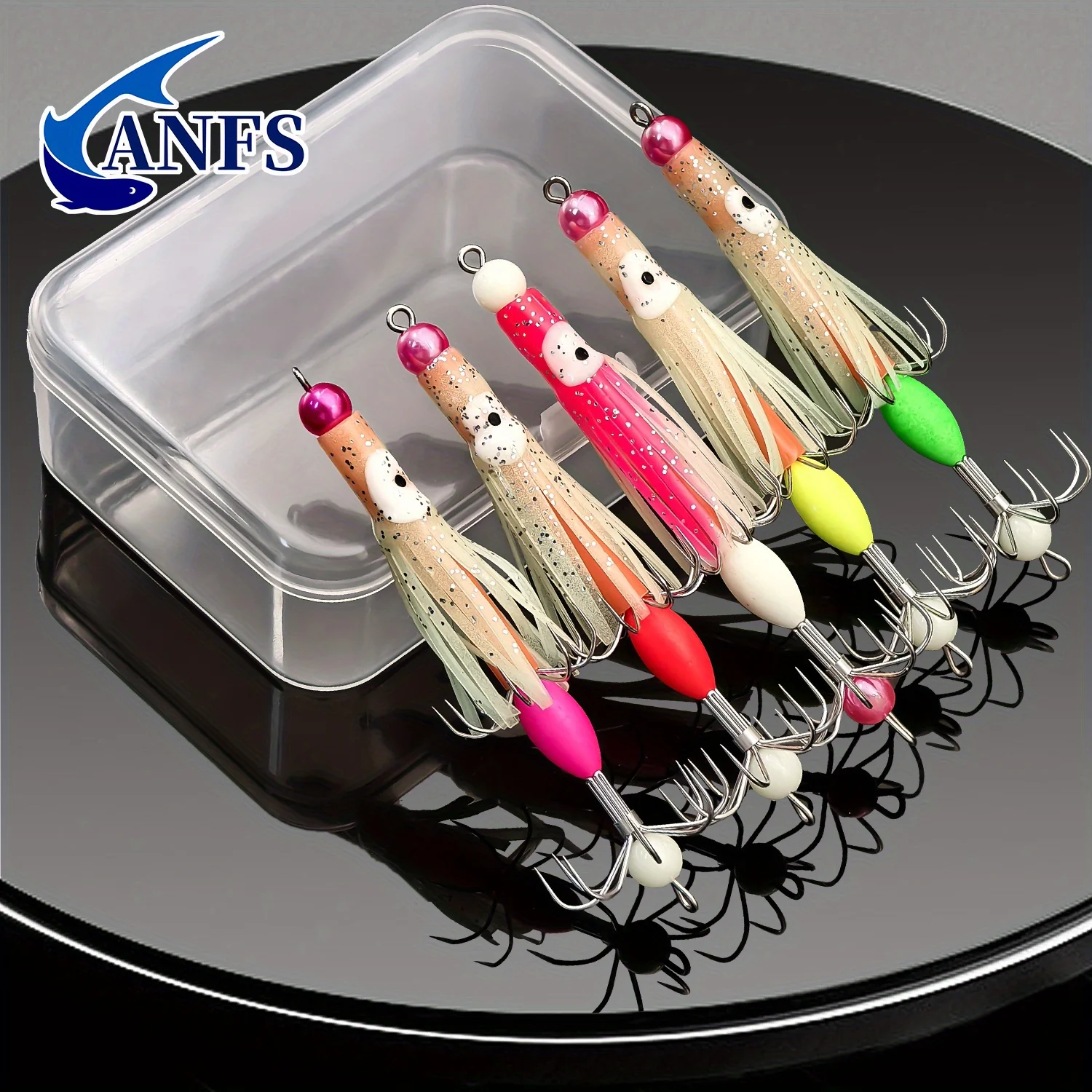 ANFS 5 anzuelos de calamar de acero inoxidable de primera calidad, anzuelos de plantilla de pulpo de doble capa, cuentas luminosas para pesca nocturna - imagen 2