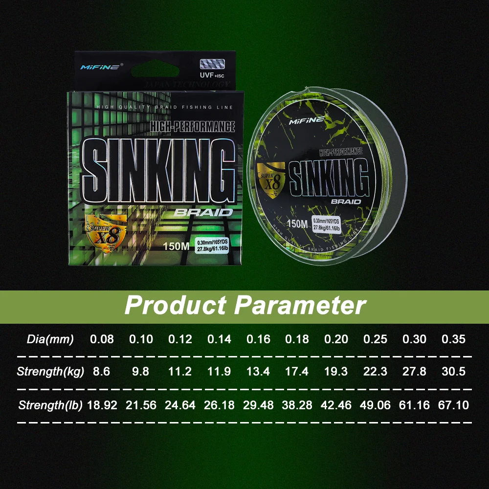 MIFINE SINKING X8 línea de pesca mejorada 150M 18LB-67LB trenzada súper fuerte 8 hebras multifilamento PE línea accesorios de alambre de carpa - imagen 2
