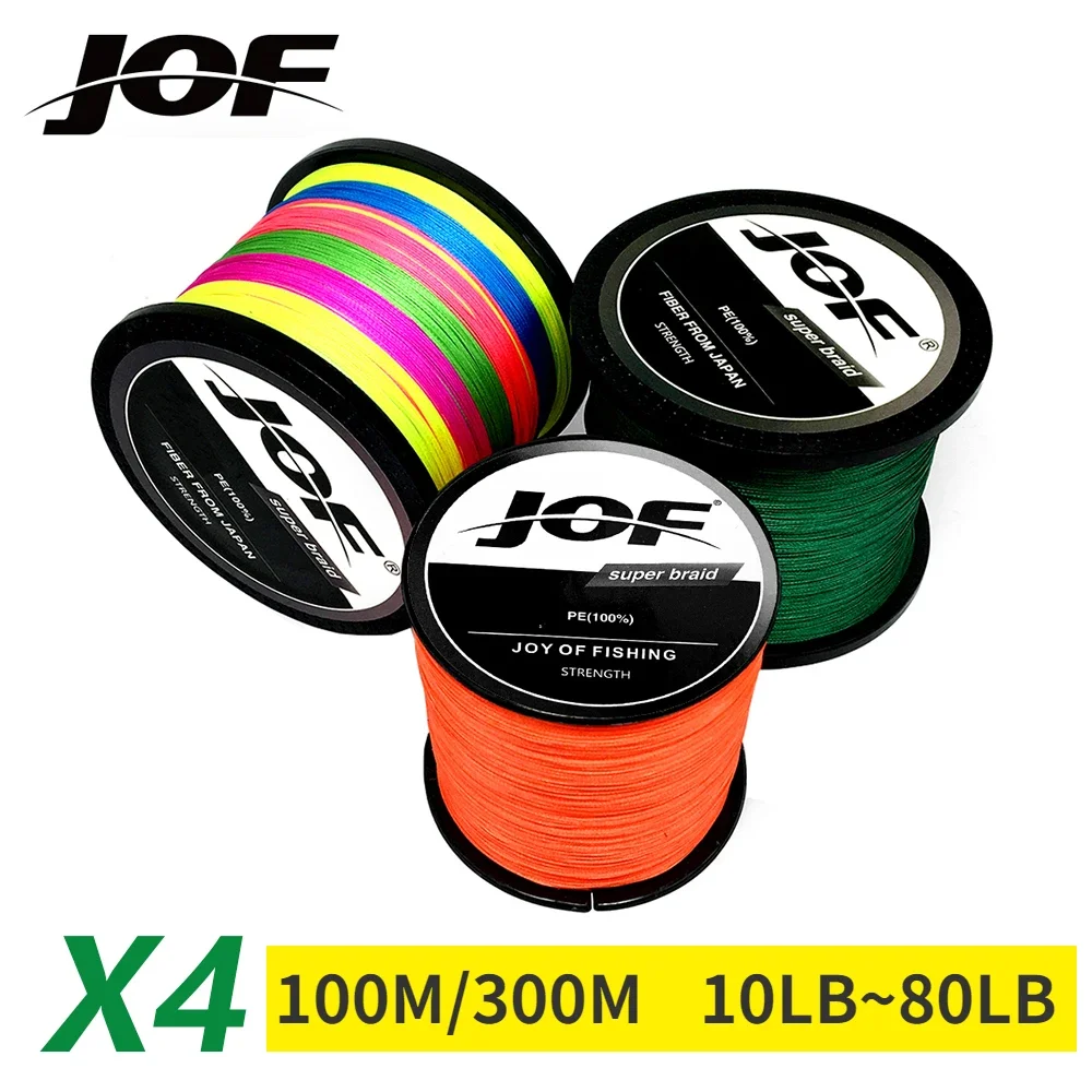 JOF-línea de pesca trenzada de PE x4, alambre de mosca de 300M y 100M, alambre de carpa multifilamento, línea de mar Multicolor de Japón, súper fuerte