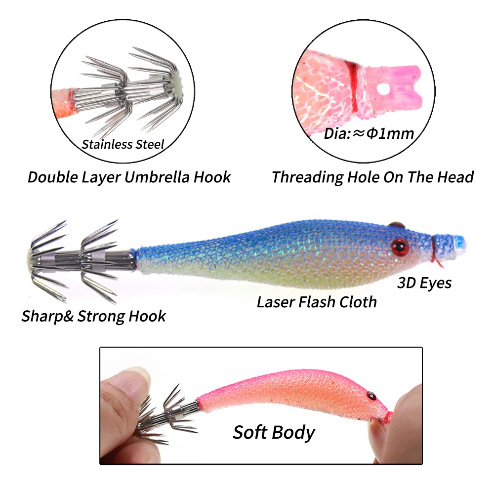 Linoriver-anzuelo de doble paraguas, 9cm/7,6g, plantilla de señuelo de calamar suave, pesca en agua salada, cebo luminoso Artificial de pulpo sepia - imagen 3