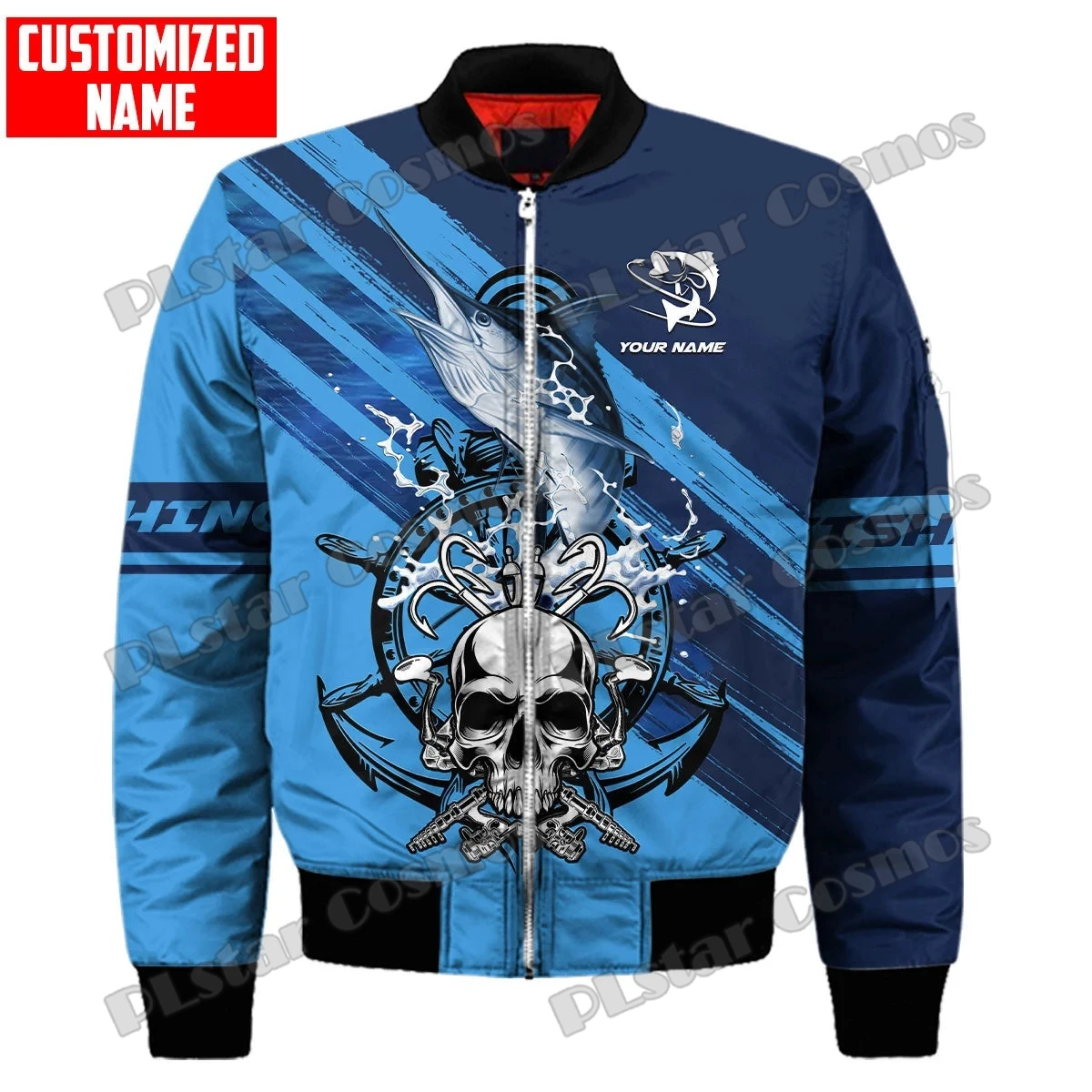 Chaqueta Bomber de invierno para hombre, pesca de lubina y Marlin, nombre personalizado, estampado 3D, abrigo grueso con cremallera y bolsillo, chaqueta cálida informal Unisex con cremallera FX-13 - imagen 3