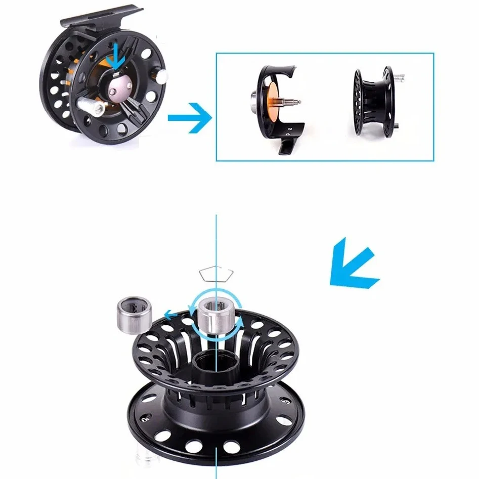 Carretes de pesca con mosca de metal, rueda delantera de liberación 1:1 con rodamiento de bolas intercambiable izquierdo y derecho, antigua rueda de hielo para Rafting, agua salada - imagen 3