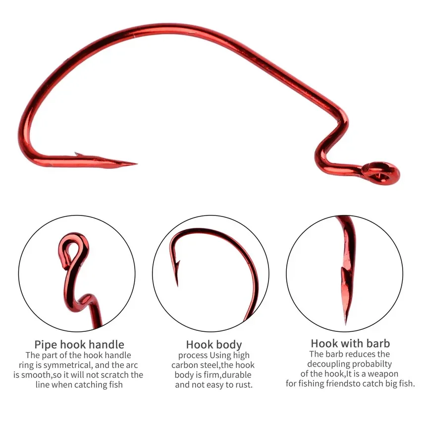 50-100 unids/caja anzuelos de pesca de manivela ancha anzuelo compensado de acero al carbono 3/0 # -2 #   Anzuelo de pesca de carpa con púas para lubina, señuelo de gusano suave - imagen 4