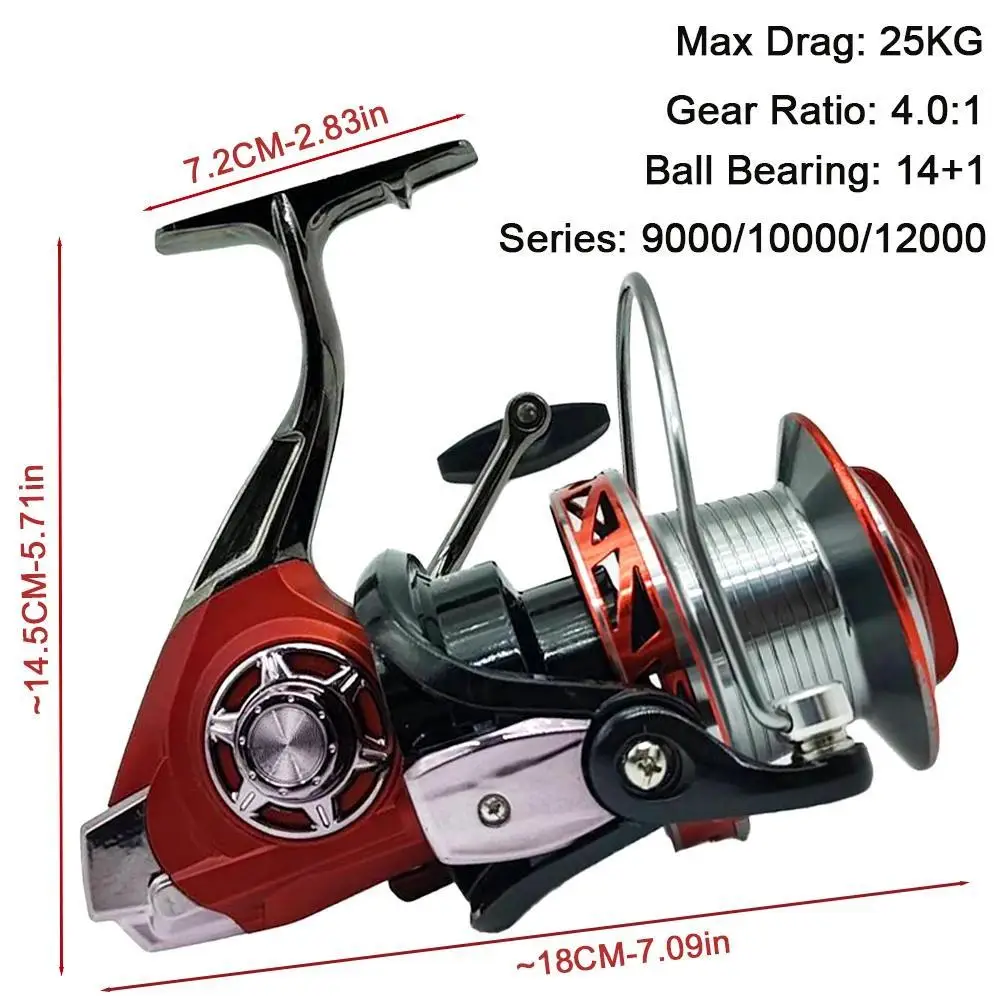 Carrete de pesca giratorio de gran capacidad, arrastre máximo de 25KG, carrete de Metal, rueda de Baitcasting de cuerpo fuerte, serie 9000-12000 para todas las aguas - imagen 2