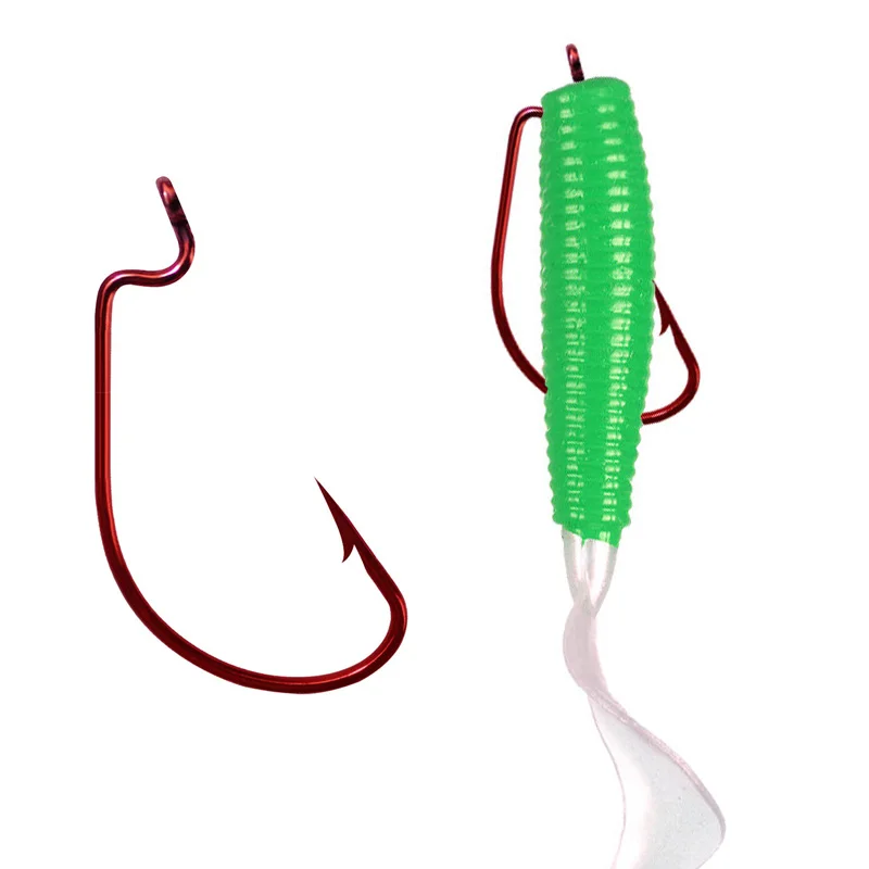 20 unids/set anzuelo de pesca de acero al carbono anzuelo compensado de manivela ancha para señuelo de gusano suave 5/0 #   -1 #   Anzuelos de pesca de carpa con púas para lubina - imagen 2