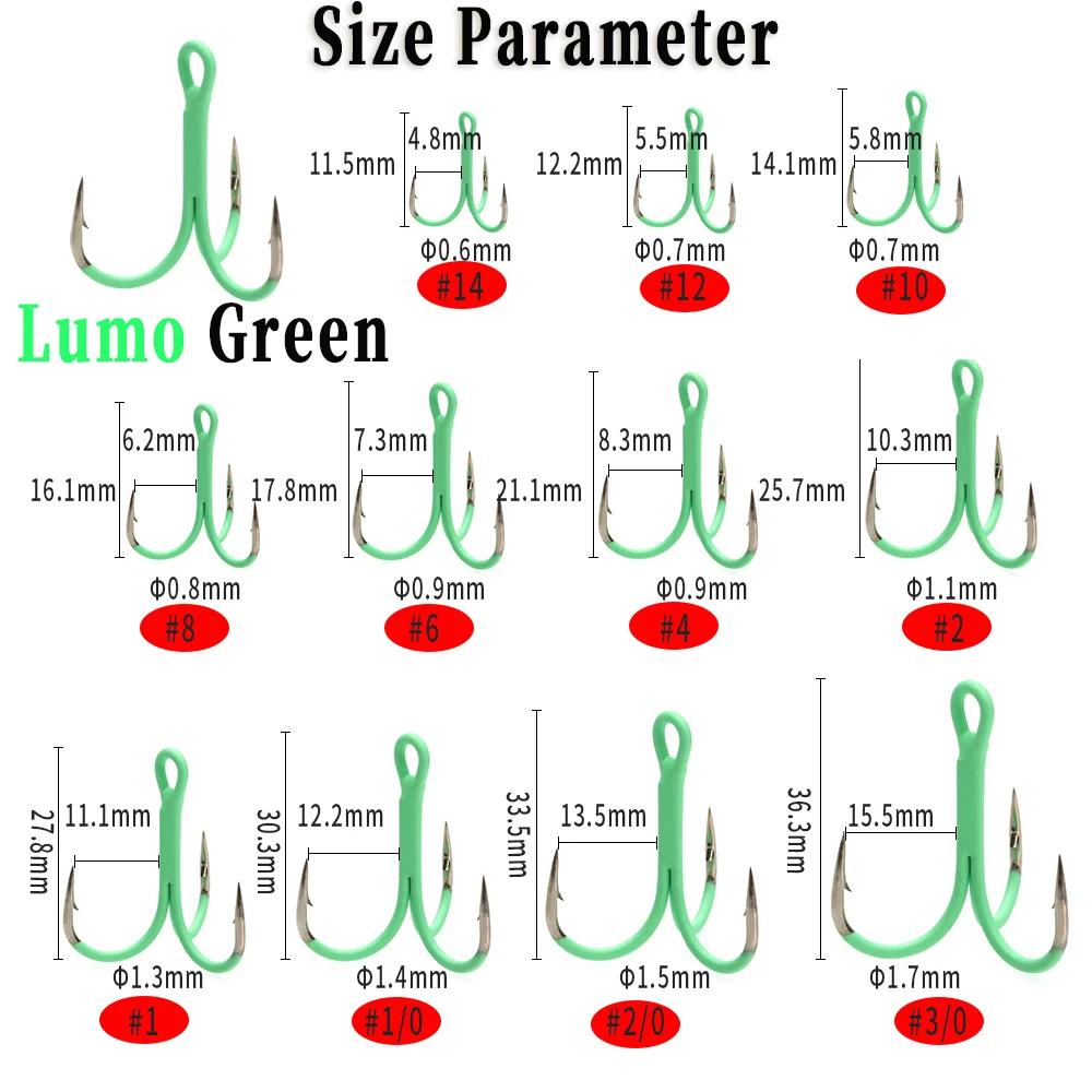 Wifreo, 10 Uds., anzuelos triples de pesca verdes luminosos, anzuelos de pesca de mar Triple afilados con púas, señuelos duros, anzuelo de cebo, aparejos de pesca - imagen 2