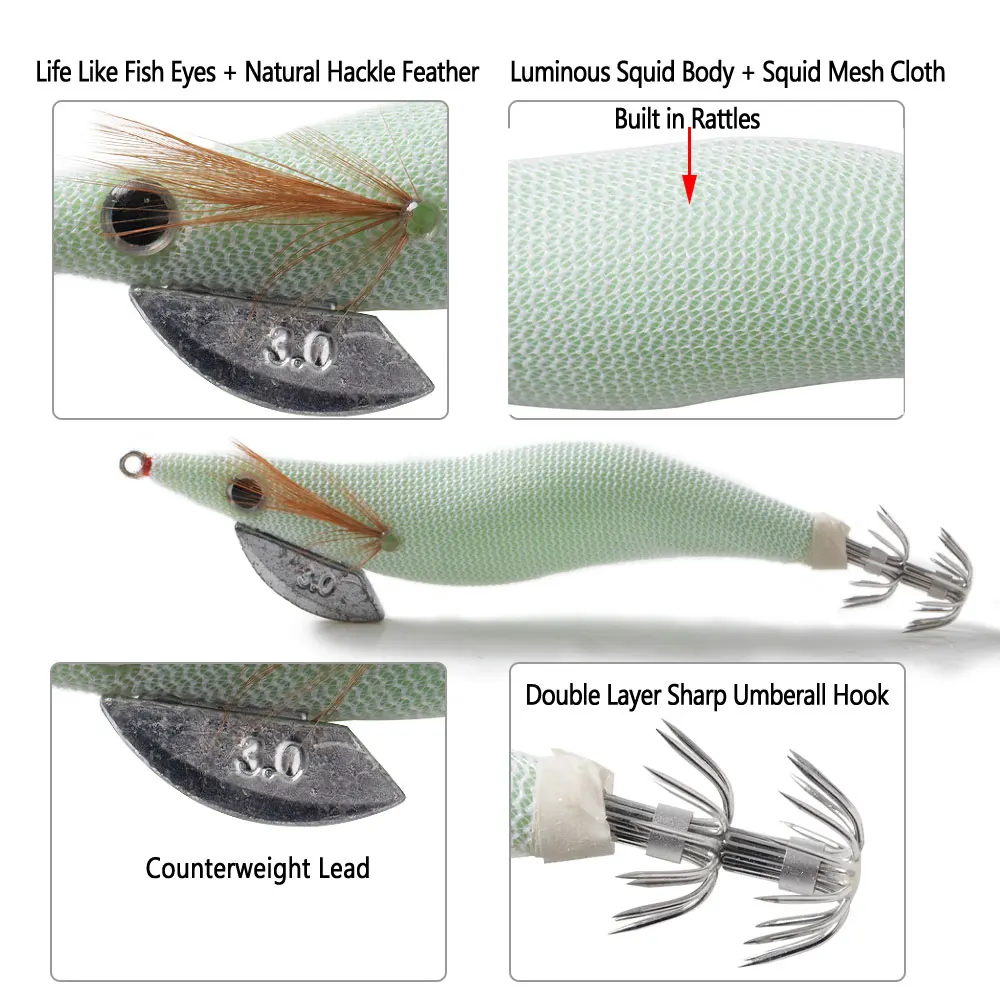 Bimoo 1~2 piezas Tamaño 2.5 # 3.0 # 3,5 plantillas de calamar luminosas, camarones de madera con brillo blanco y anzuelos de calamar y pulpo, señuelo de pesca de sepia - imagen 2