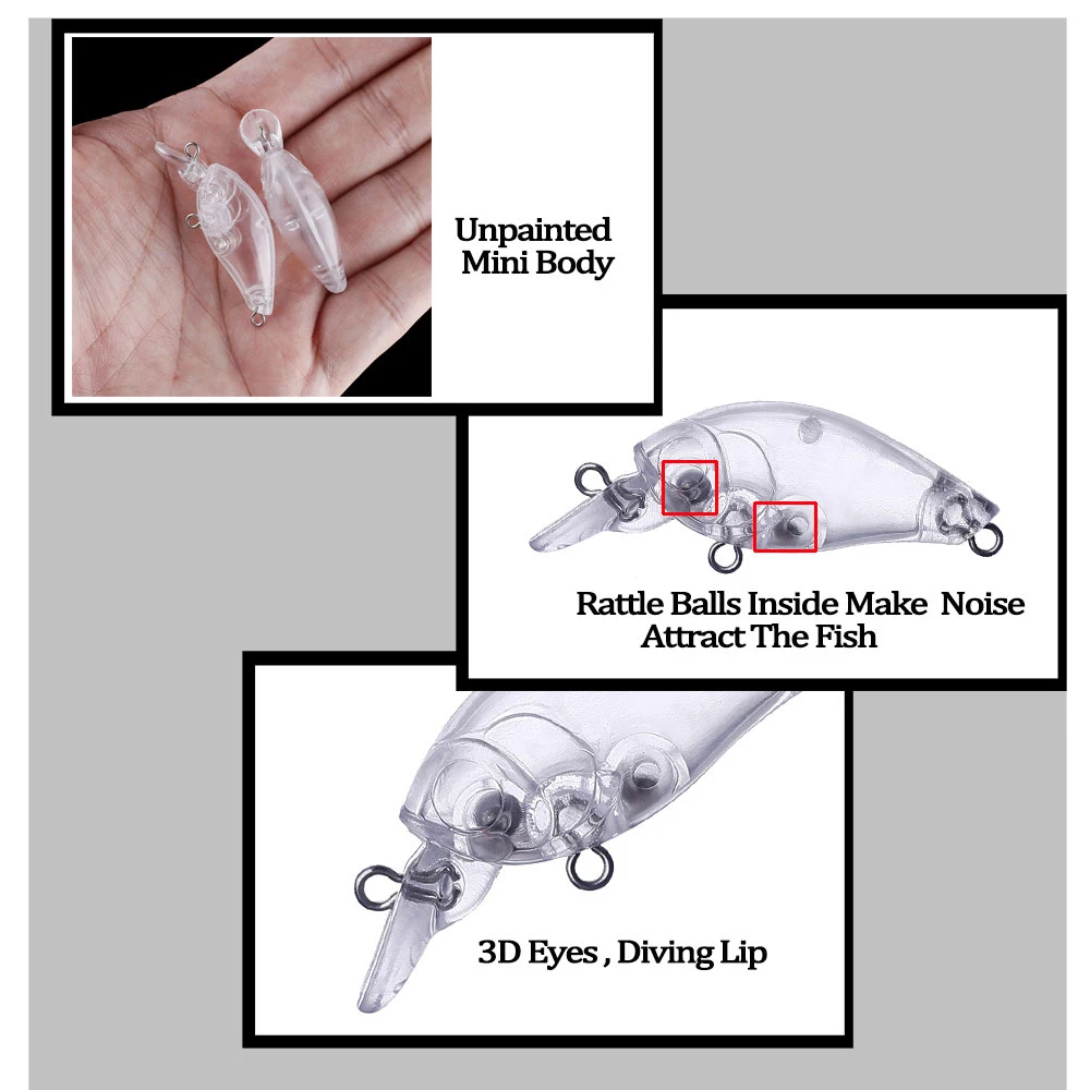 Chan'sHuang-Cebo en blanco sin pintar, 50 piezas, 45mm, 2,7g, sonajero flotante, Mini Crankbait, aparejo de señuelo de pesca Artificial hecho a mano - imagen 5