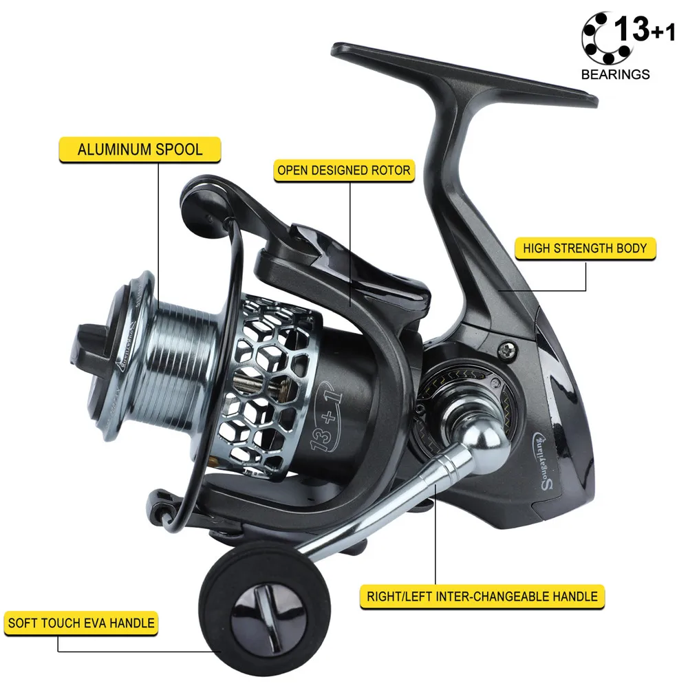Sougayilang-carrete de Pesca giratorio 13 + 1BB, carrete de aleación de aluminio, arrastre máximo de 12KG, relación de alta velocidad 5,5: 1 - imagen 3