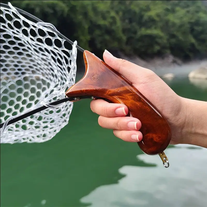 Red portátil de mano para pesca con mosca, señuelo plegable con mango de madera maciza, para exteriores - imagen 5