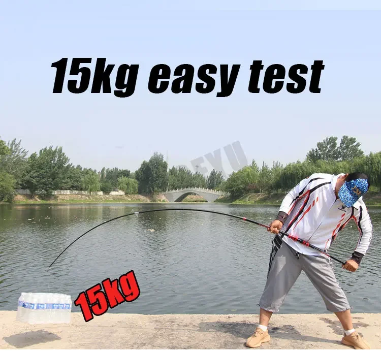 Un hombre está pescando en un lago y el texto sobre él dice una prueba fácil de 15 kg