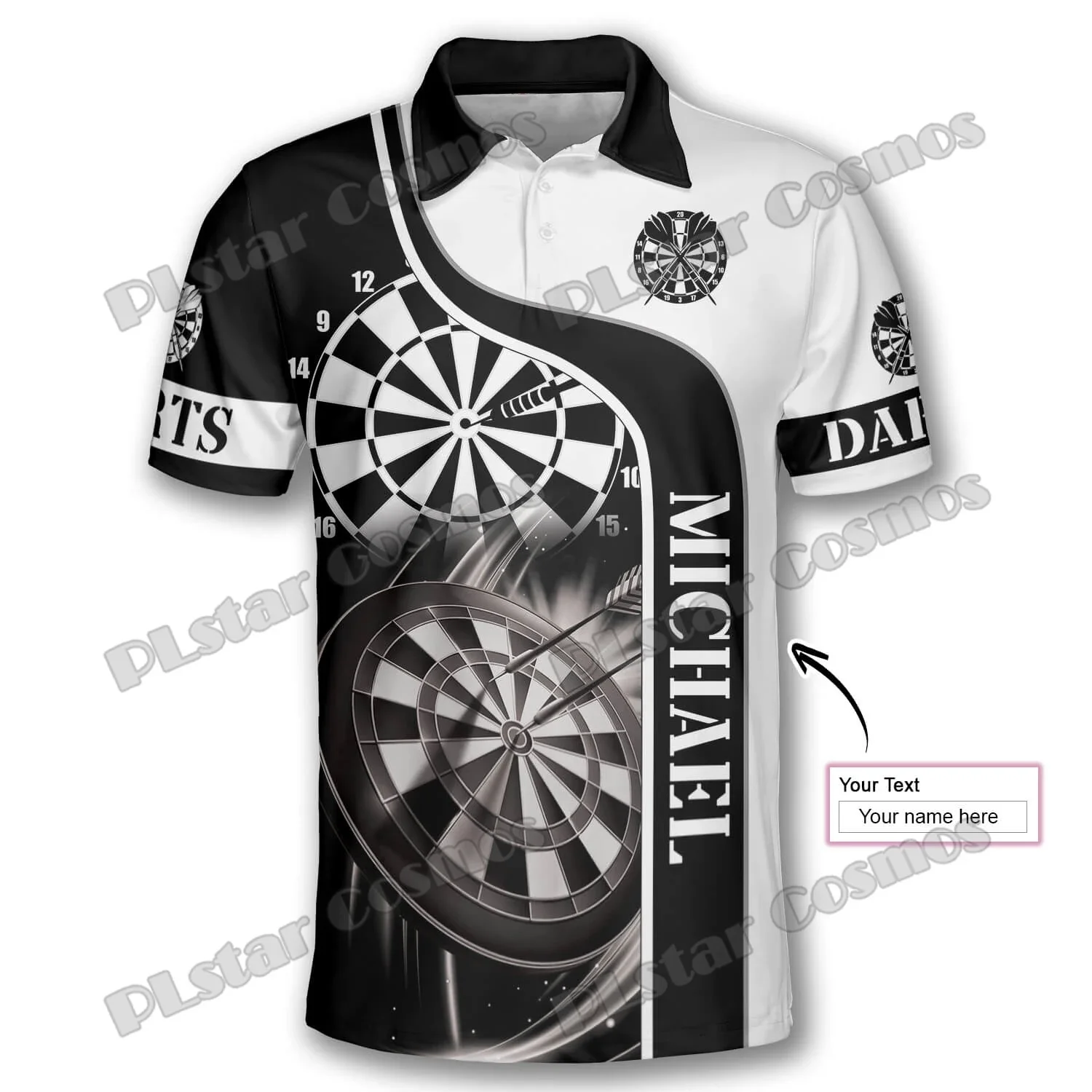 Polo hombre personalizado con emblema 3D dardos en negro y blanco