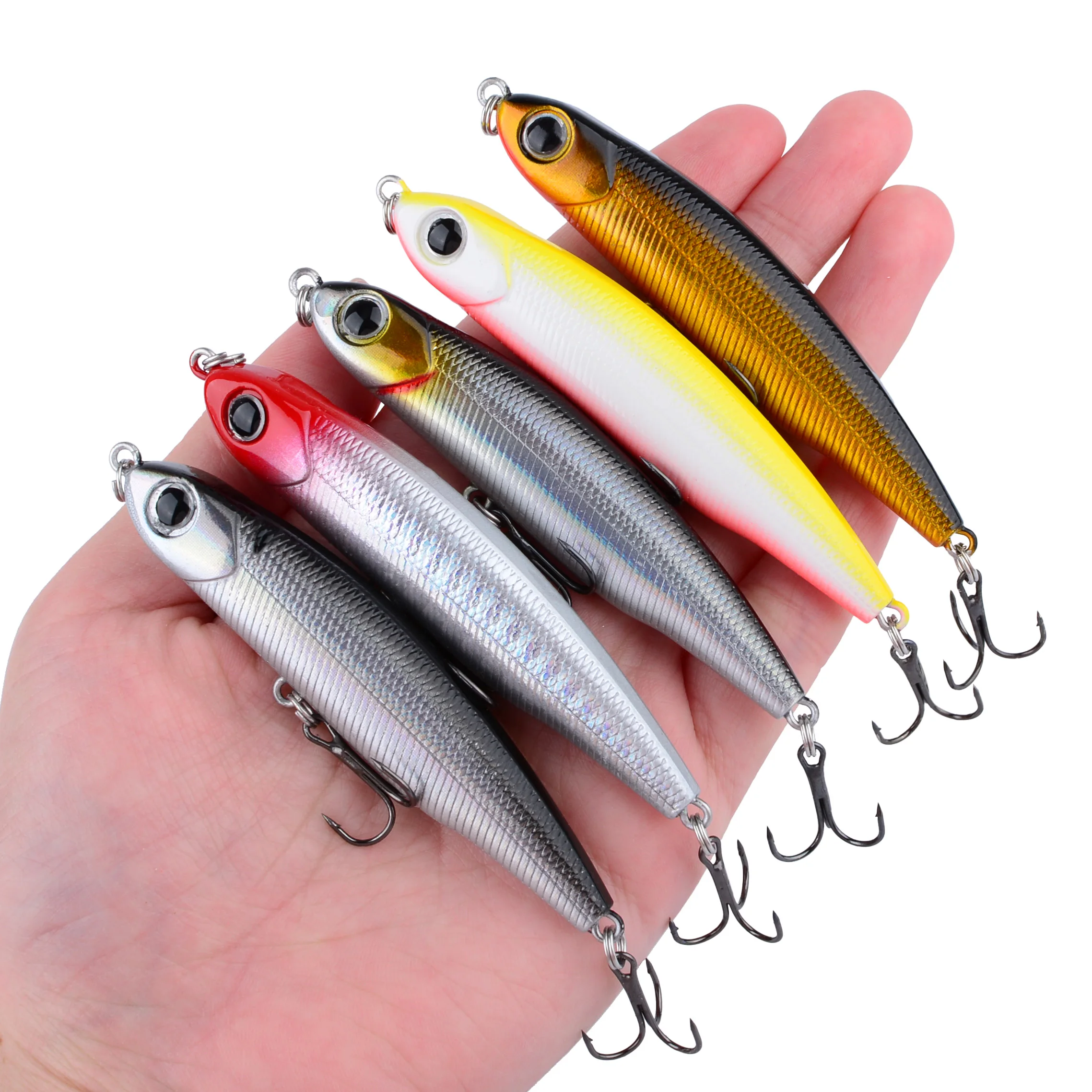 5 uds lápiz que se hunde señuelo de Pesca Wobblers Mini plantilla de cebo duro de Metal Artificial ojos 3D Pesca aparejos de Pesca de trucha