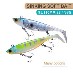 Señuelos de pesca de 9,5/11cm, 22,4/38g, plantilla de cola en T que se hunde, cebo suave Wobbler, accesorios de pesca de agua de mar de fundición larga, lubina RE100