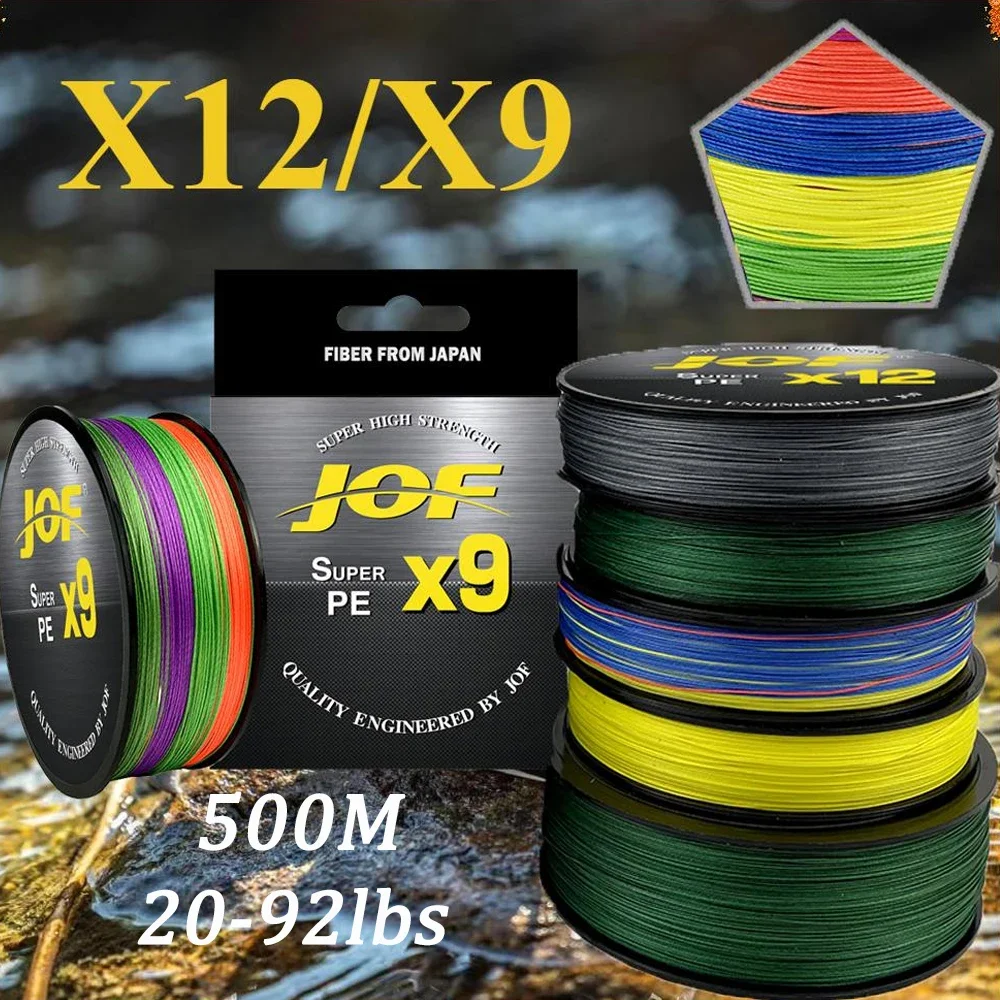 JOF X12X9 líneas de pesca trenzadas mejoradas súper fuertes 12 hebras 9 hebras línea de PE multifilamento 500M 25LB 30LB 39LB 50LB 65LB 92LB
