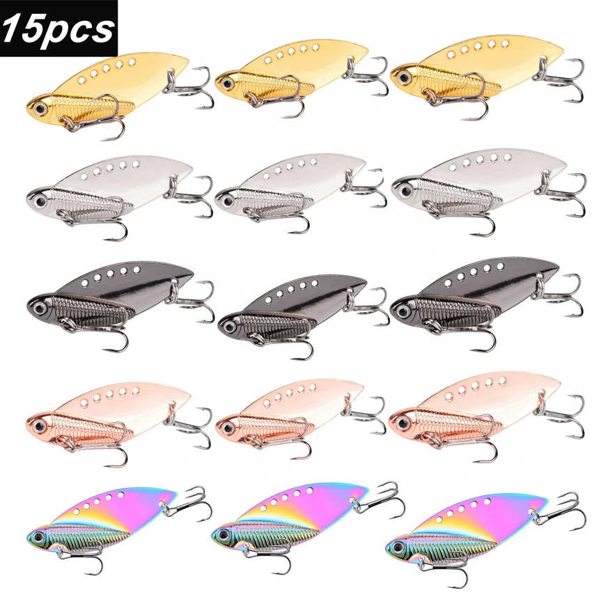 15 Uds señuelo VIB de Metal 7g 10g 15g 20g cuchara de vibraciones vívidas Señuelos de pesca lubina cebo duro Artificial cigarra señuelo VIB cebo ojos 3D - imagen 2