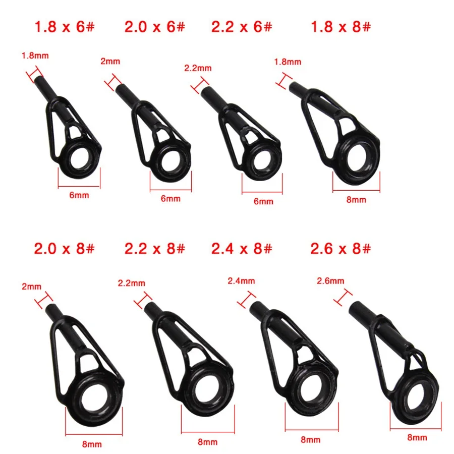 80 unids/caja cerámica de acero rico en carbono caña de pescar guía punta anillo superior círculo guías de poste Kit de reparación Set 1,8mm 2,0mm 2,2mm 2,6mm S3 - imagen 3