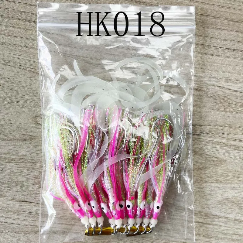 TEASER HK018 10 Uds anzuelo de doble asistencia plantilla señuelo de pescado falda suave de silicona Artificial cebo de calamar luminoso doble gancho Tai Kabura - imagen 5
