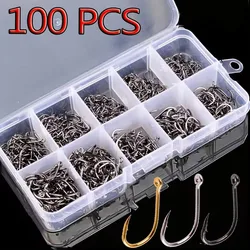 Aorace 100 Uds juego de anzuelos de pesca de acero al carbono gancho de pesca de un solo círculo pesca con mosca Jip anzuelos de carpa con púas accesorios de aparejos de mar
