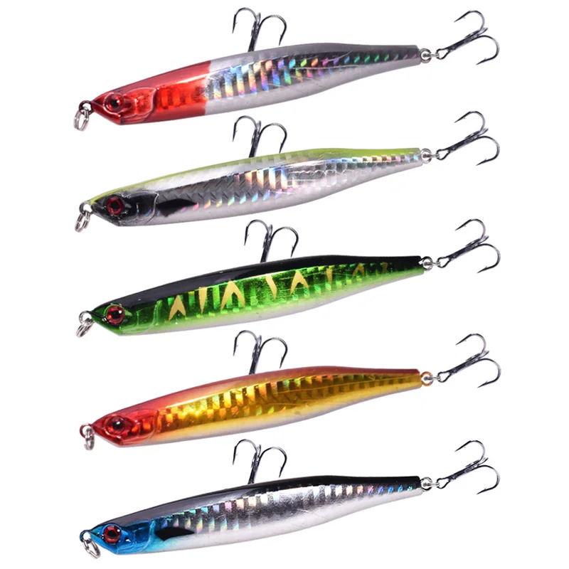 Señuelo de pesca de lápiz de agua superior, 5 piezas, colores mezclados, 9cm, 8g, giratorio, Wobblers, aparejos, cebo Artificial de plástico láser con ganchos 6 #