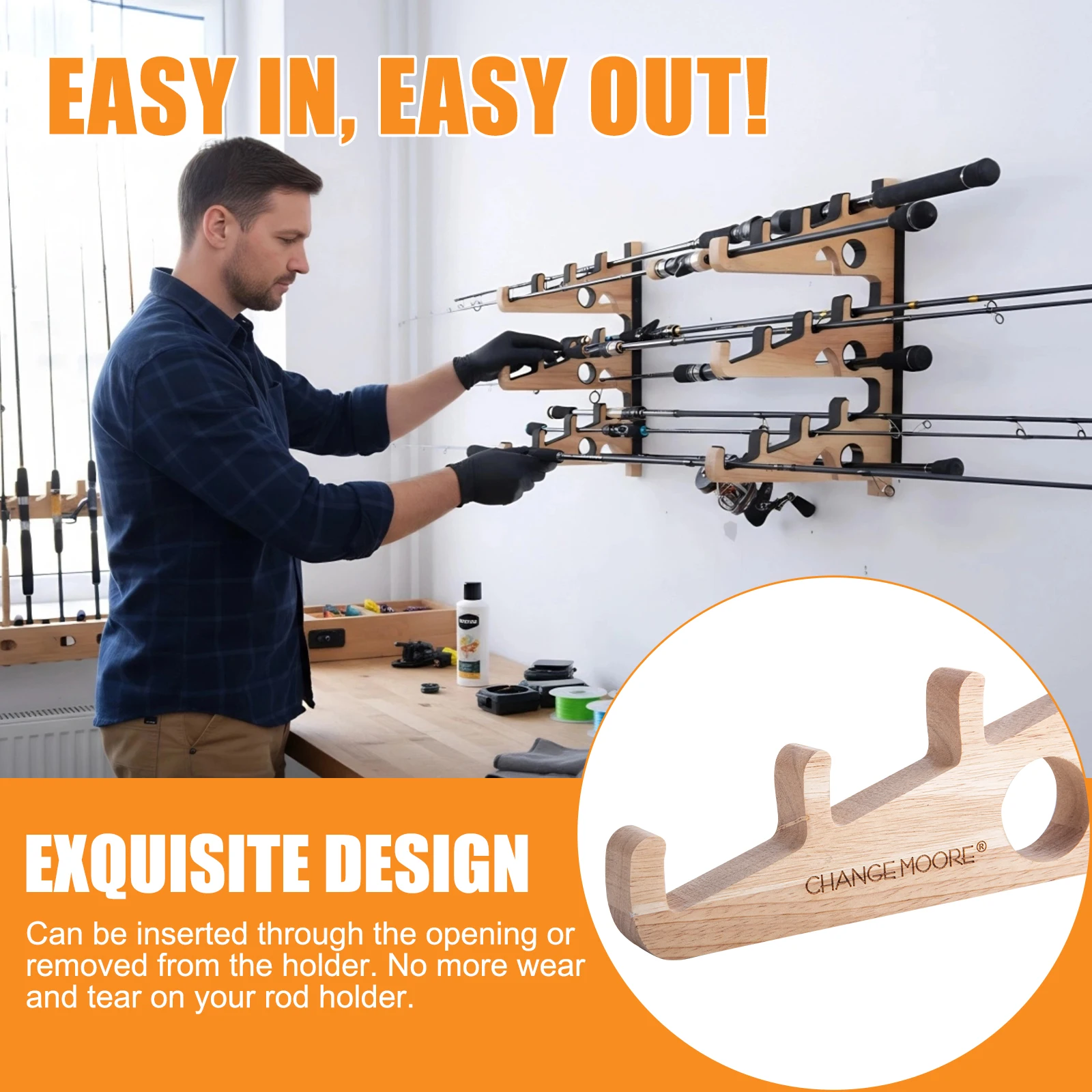 Goture Soporte para caña de pescar de madera maciza montado en la pared de tres niveles, con almohadillas de EVA, resistente, duradero, fácil de montar, herramienta para estante de exhibición de pesca - imagen 4