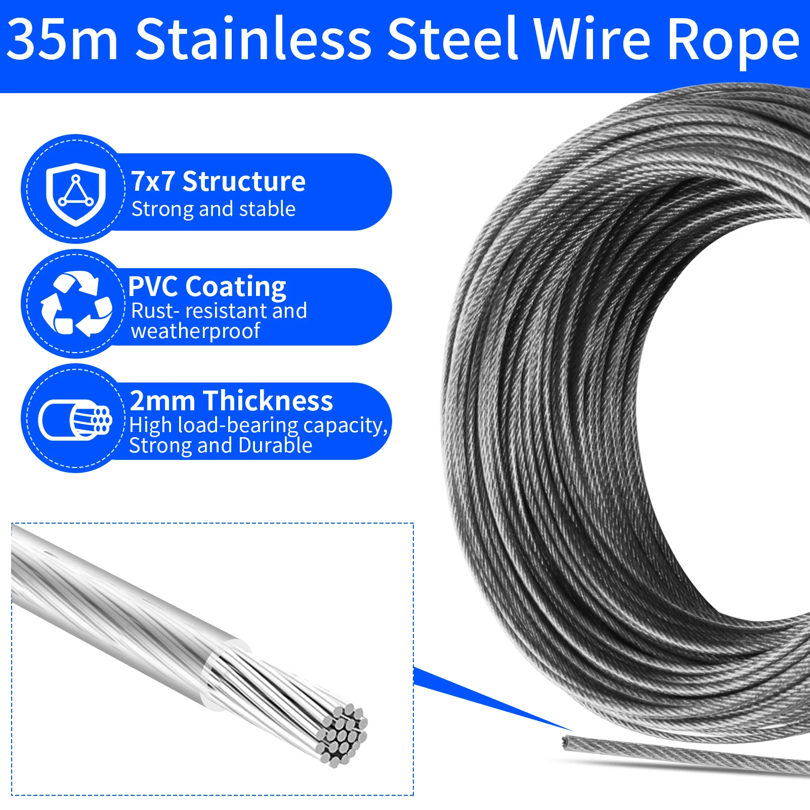 Kit de cuerda de alambre de acero inoxidable, Cable de cuerda de alambre para refugio, tensores M4, Kit de tensor de alambre recubierto de PVC, cuerdas para tienda de campaña y jardín - imagen 3