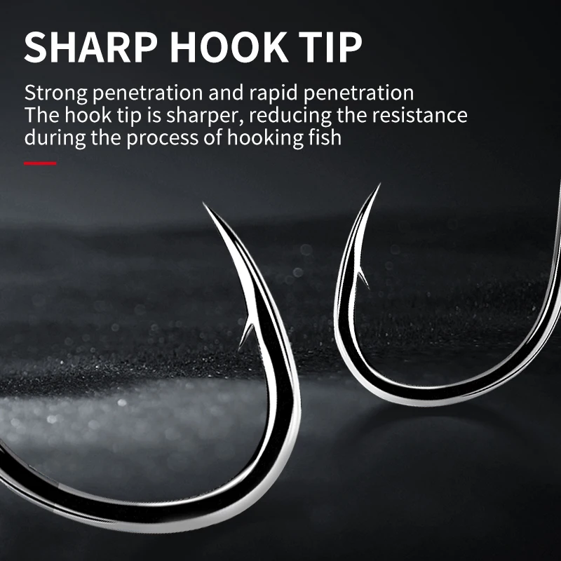 Juego de anzuelos de pesca, caja de 100 Uds., serie 10, anzuelo de pesca de un solo círculo de acero rico en carbono, pesca con mosca, anzuelos de carpa con púas Jip - imagen 3