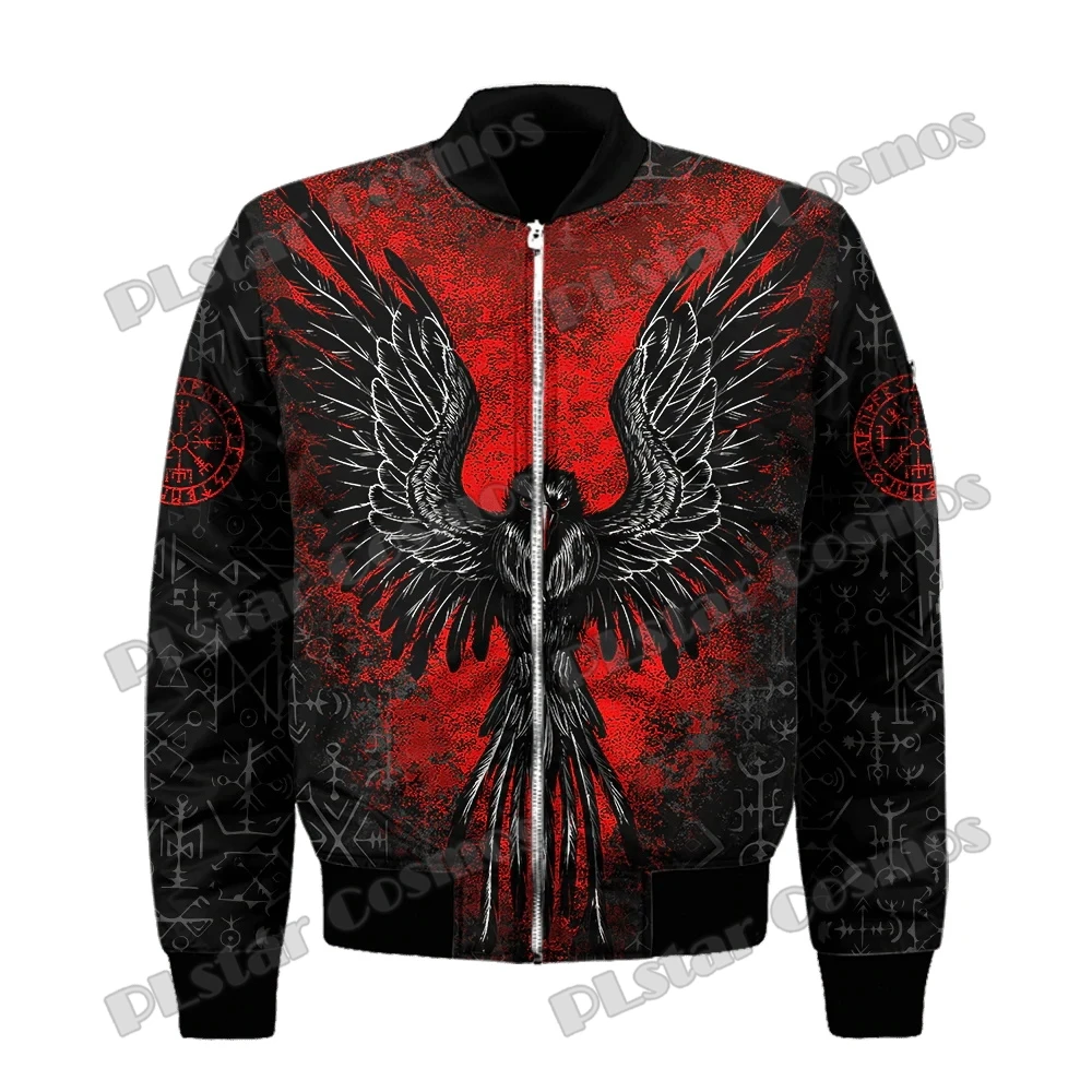 Chaqueta Bomber de invierno para hombre Muninn Raven Tattoo Vegvisir rojo estampado 3D bolsillo grueso abrigo con cremallera Unisex Casual chaqueta cálida con cremallera FX-07 - imagen 3
