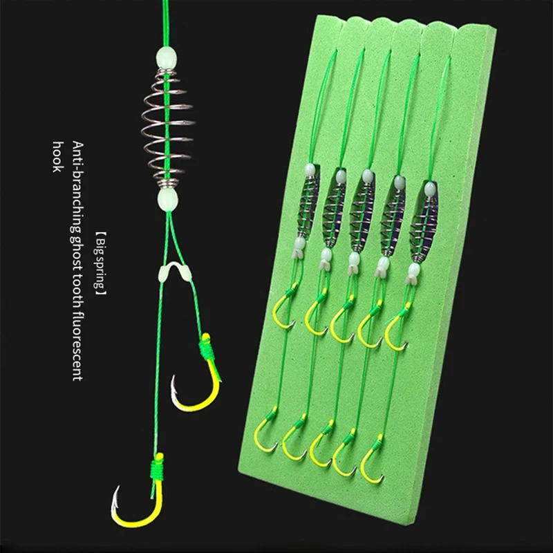 5 unids/set anzuelo de pesca de acero con alto contenido de carbono verde fluorescente 8 # -13 # Ganchos de resorte fuertes y afilados para pesca en agua dulce y salada - imagen 2