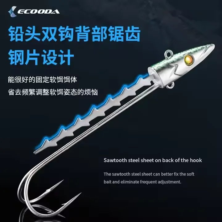 ECOODA-señuelo de doble anzuelo TPR, 20G, 30G, 40G, cebo suave, cabeza de plantilla de plomo, señuelo de pesca de mar en alta mar para cola de pelo, pez cinta - imagen 3
