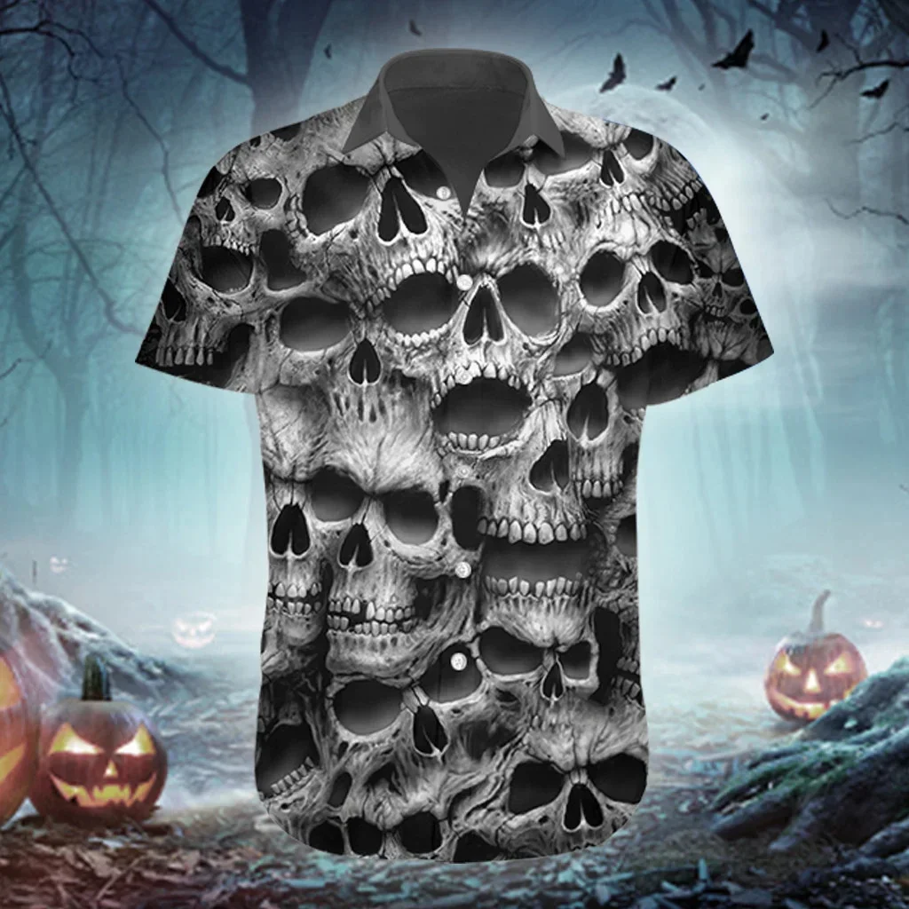 PLstar Cosmos patrón de calavera blanco y negro Halloween 3D impreso camisa hawaiana de los hombres verano Unisex Casual playa camisa DXS13 - imagen 5