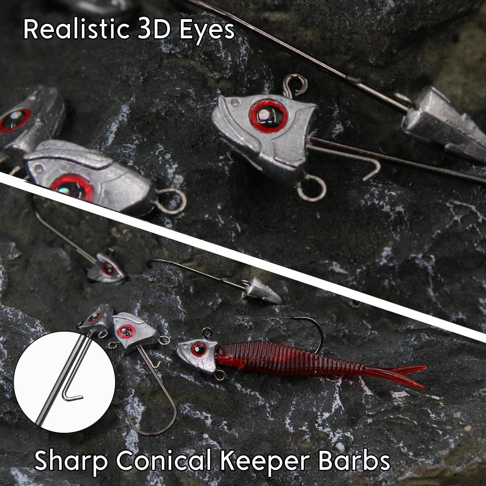 FishTrip Jig Heads Ganchos con ojos rojos 15 piezas Trota ponderada Walleye Jig Heads Ganchos para lubina para señuelo suave - imagen 4